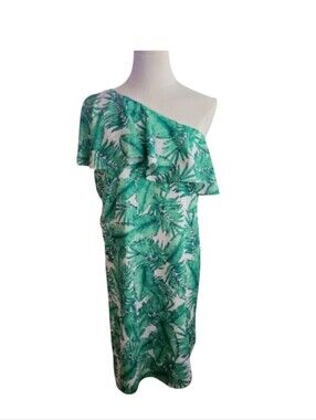 NWT Gianni Bini Bright Green Ivory One Shoulder Trolical Dress Size Large